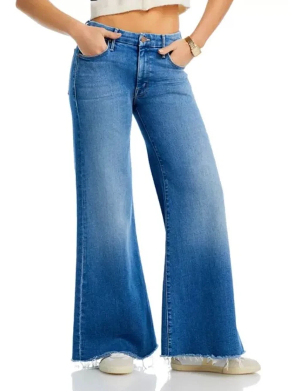 Mother Lil' Roller Fray Wide Leg Jeans Size 33 in Blue Work Hard, Play Hard